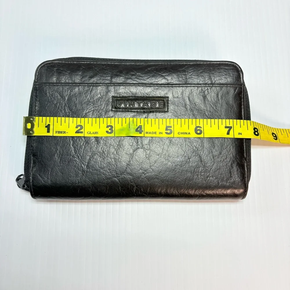 Vintage Brown Leather Zip-Around Checkbook Wallet Organizer